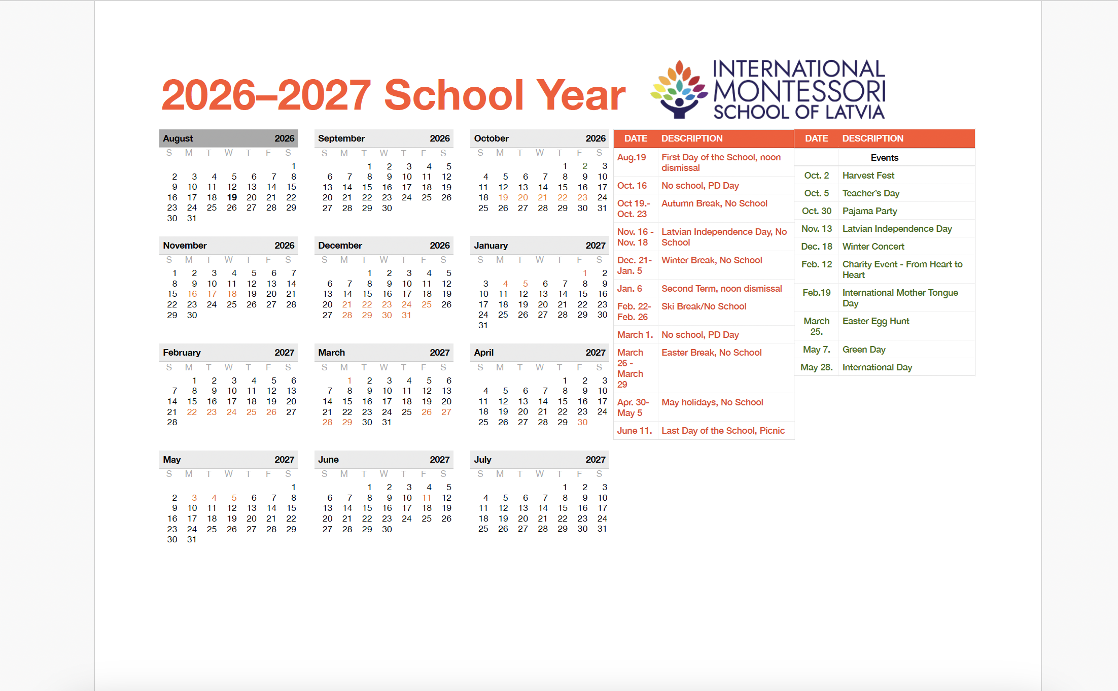 School Year Calendar