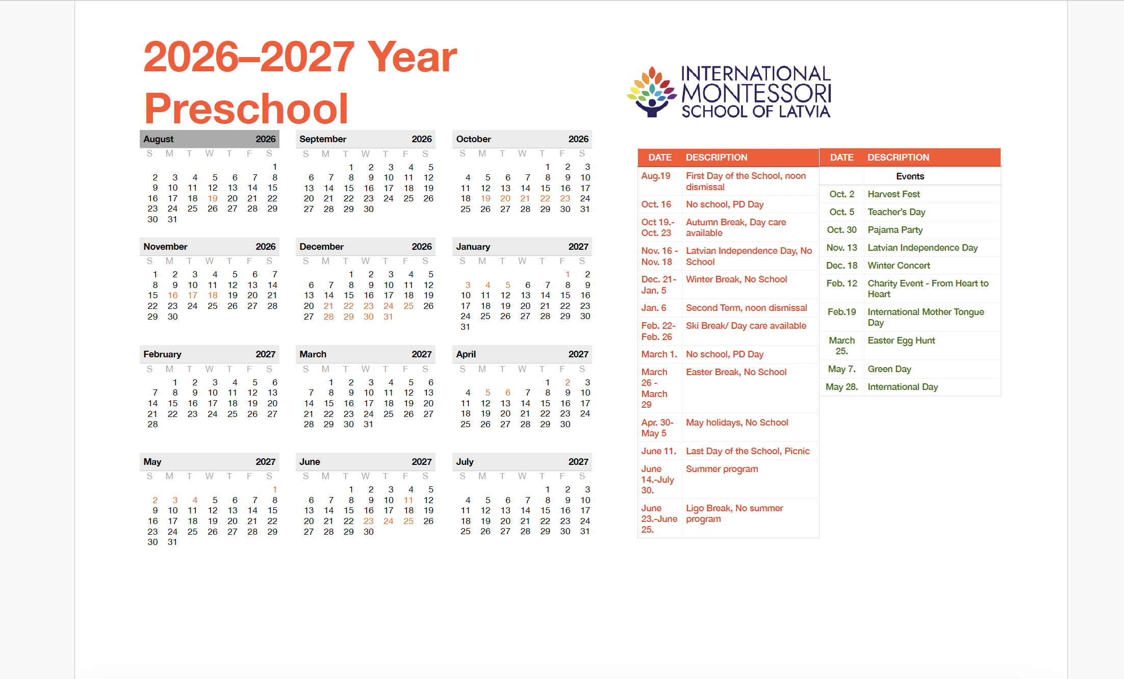 Preschool Calendar